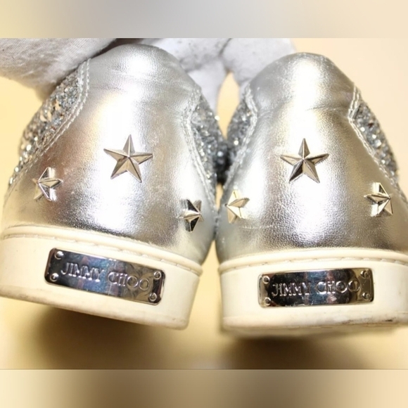 Jimmy Choo Glitter Low Top Trainers Sneakers In Silver Leather Size 39.5 US 9.5 - Picture 6 of 11